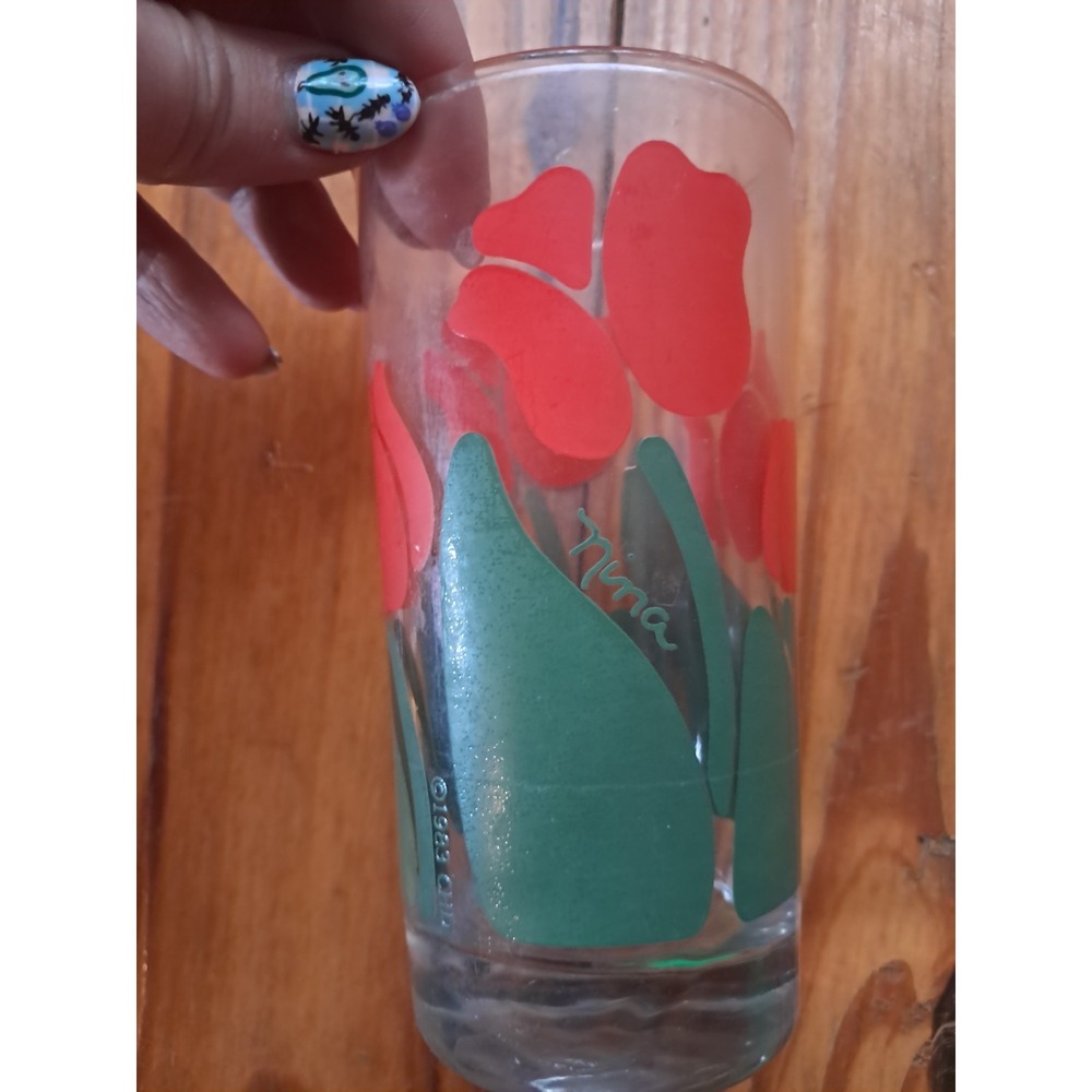 VTG Anchor Hocking Nina CHD Glass Tumbler Spring Flower Red 1983 J3